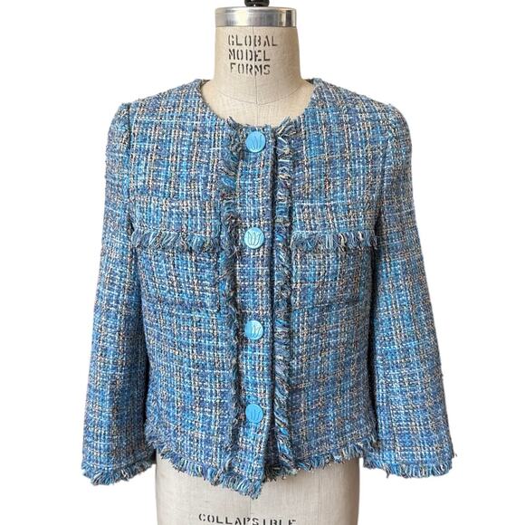 Never A Wallflower Tweed Boxy Jacket Women’s Size XS Blue Office Layering NWOT - Picture 2 of 8